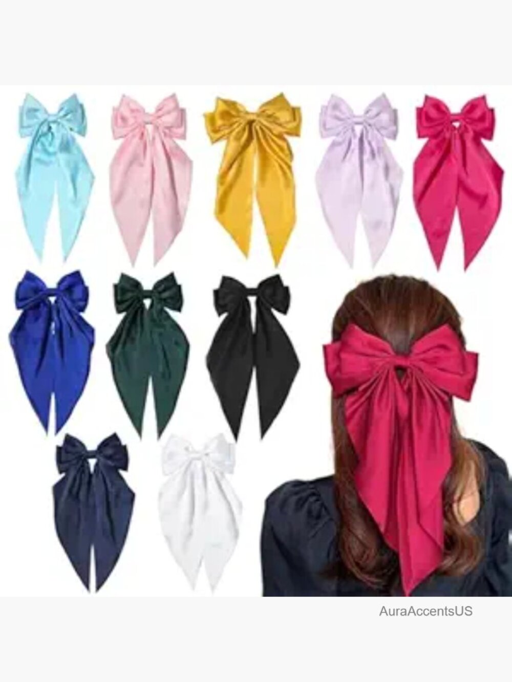 10 Large Hair Bows with Long Tails Silk Satin Clips for Women